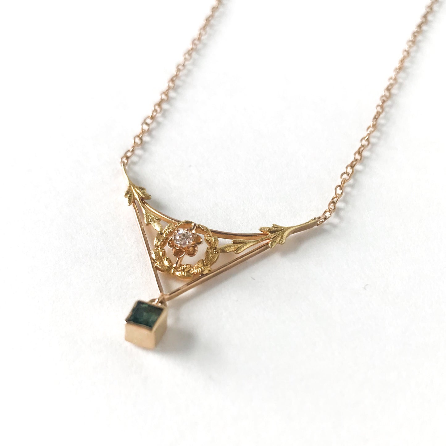 SOLD--Edwardian Old Mine Diamond and Tourmaline Necklace 14k c. 1910