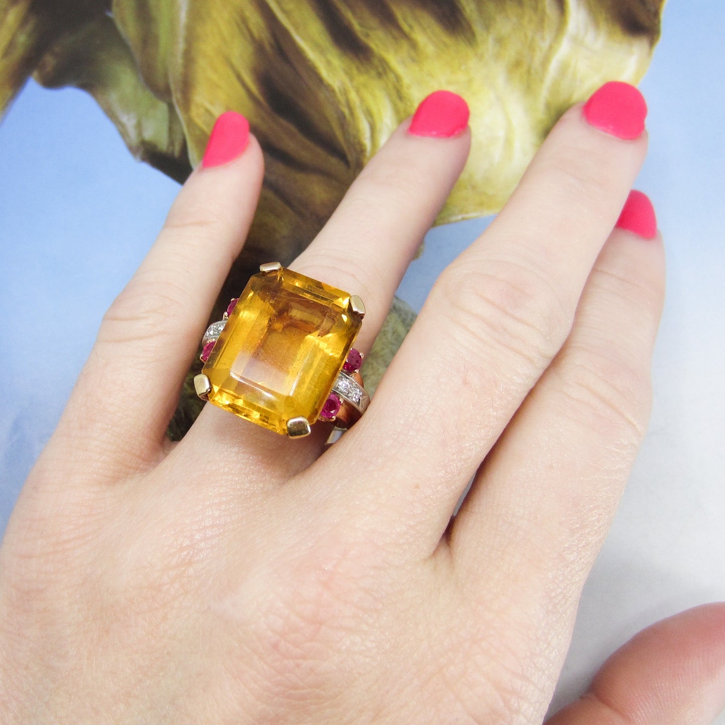 SOLD-Retro Citrine, Ruby and Diamond Cocktail Ring 14k c. 1940