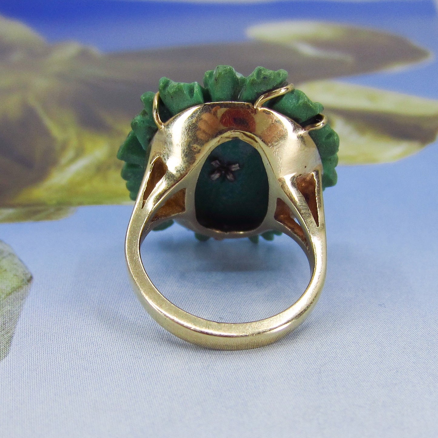 SOLD - Mid-Century Diamond and Carved Aventurine Ring 14k c. 1960