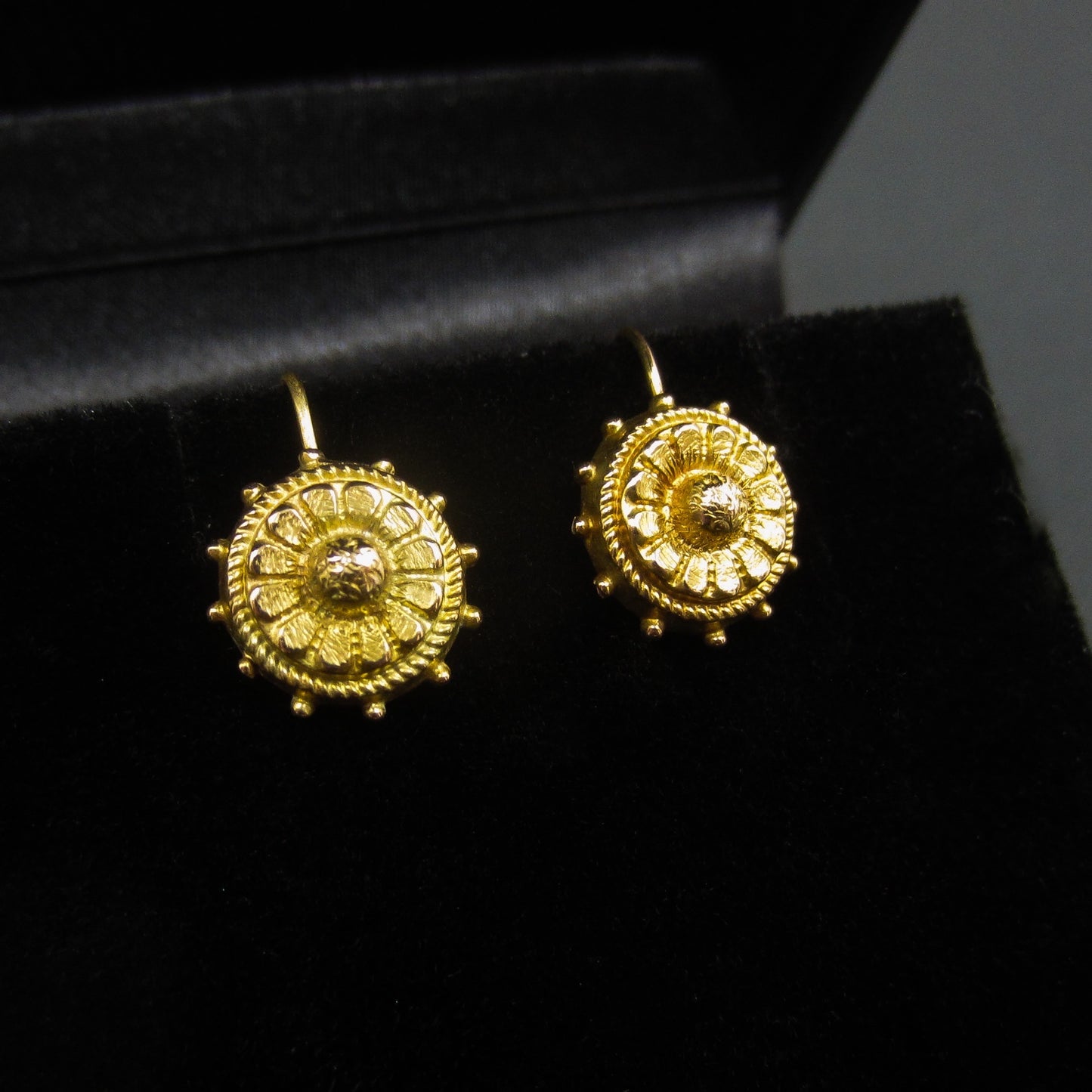 SOLD Victorian Etruscan Revival Small Drop Earrings 15k c. 1880