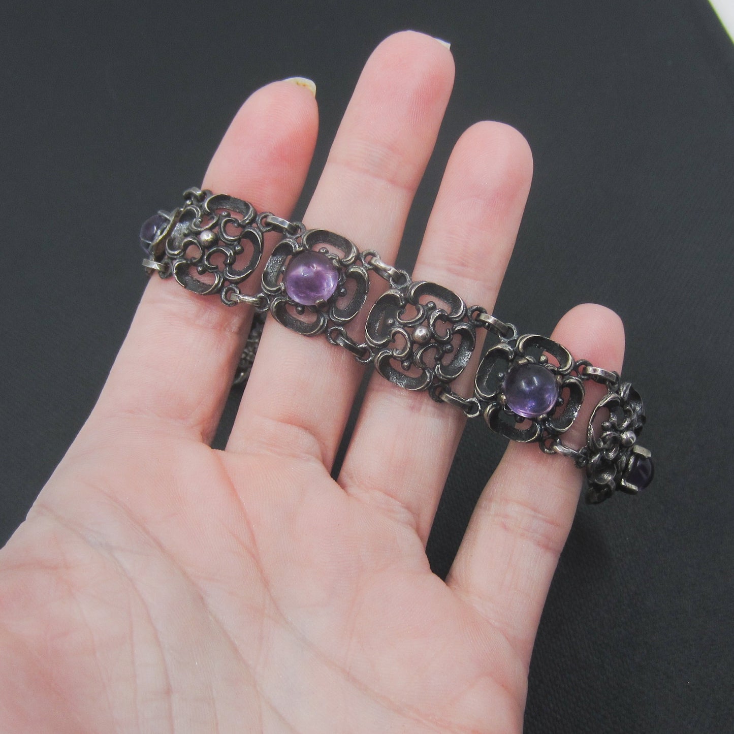 SOLD--Victorian Renaissance Revival Amethyst Bracelet Sterling c. 1890