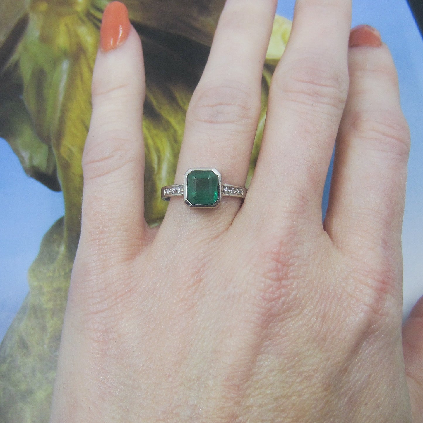 SOLD-Vintage Bezel Set Emerald and Diamond Ring 18k c. 1990