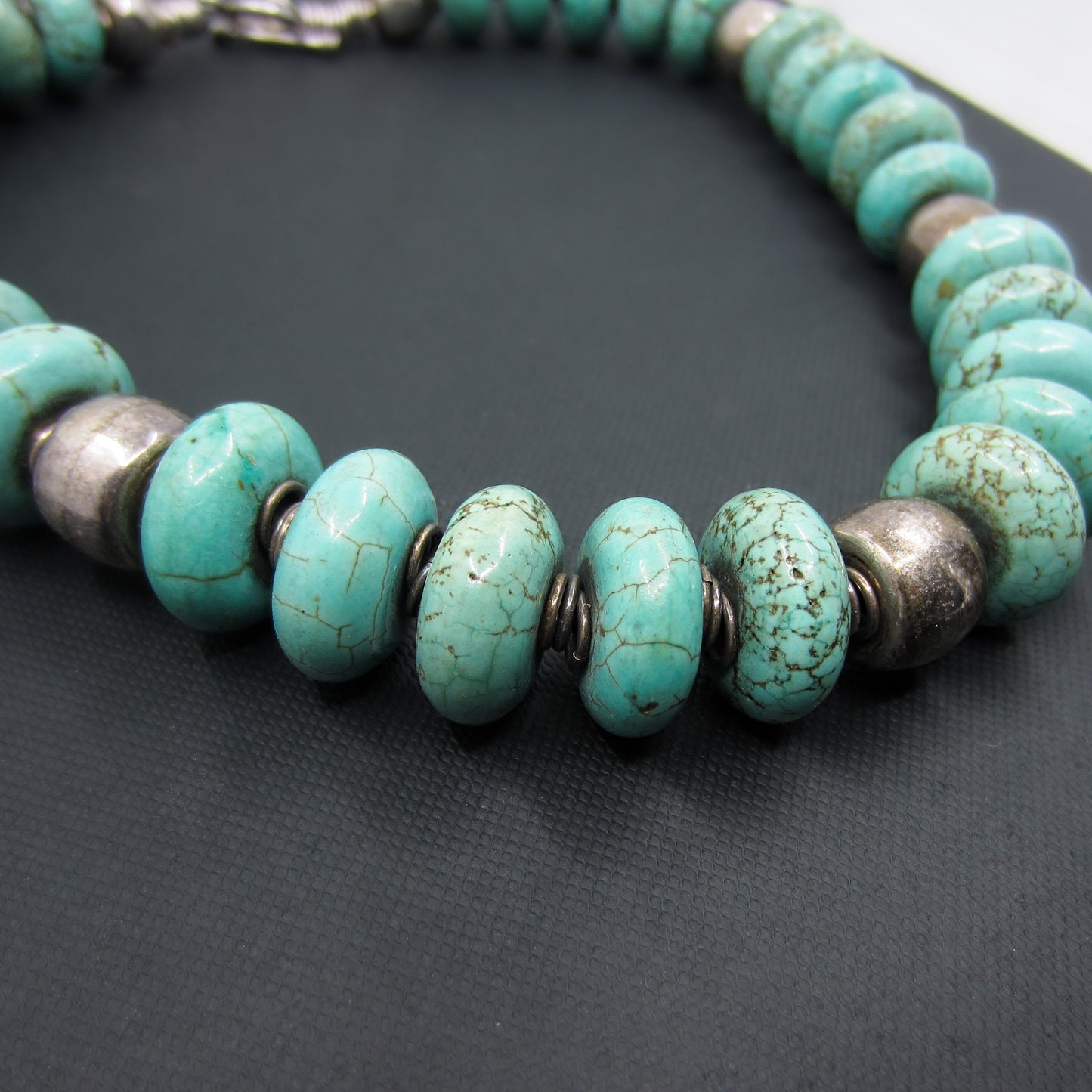 Vintage Chunky Turquoise Bead Necklace Sterling c 1980