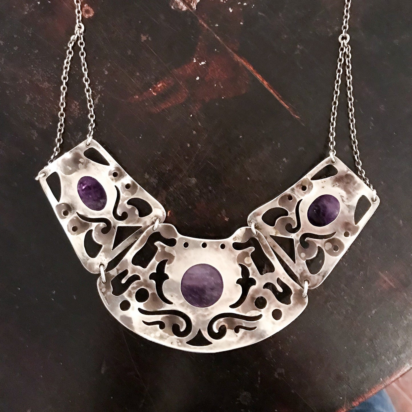 Big Arts and Crafts Amethyst Necklace Sterling c. 1940