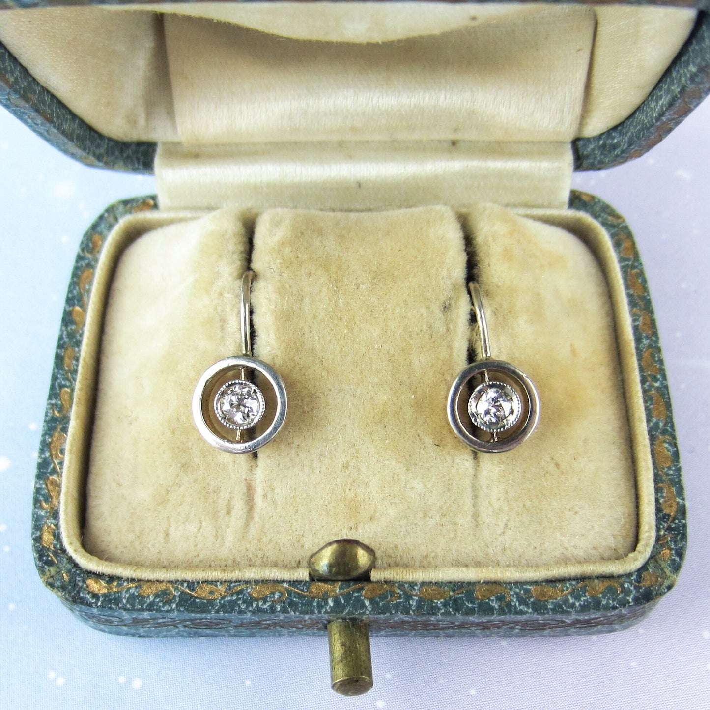 SOLD--Art Deco Old European Diamond Bezel Earrings 14k