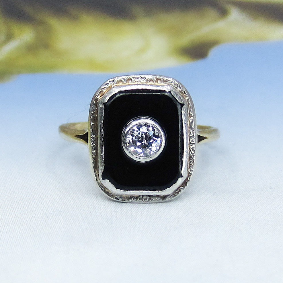 SOLD—Art Deco Old European Diamond and Onyx Ring 14k c. 1920