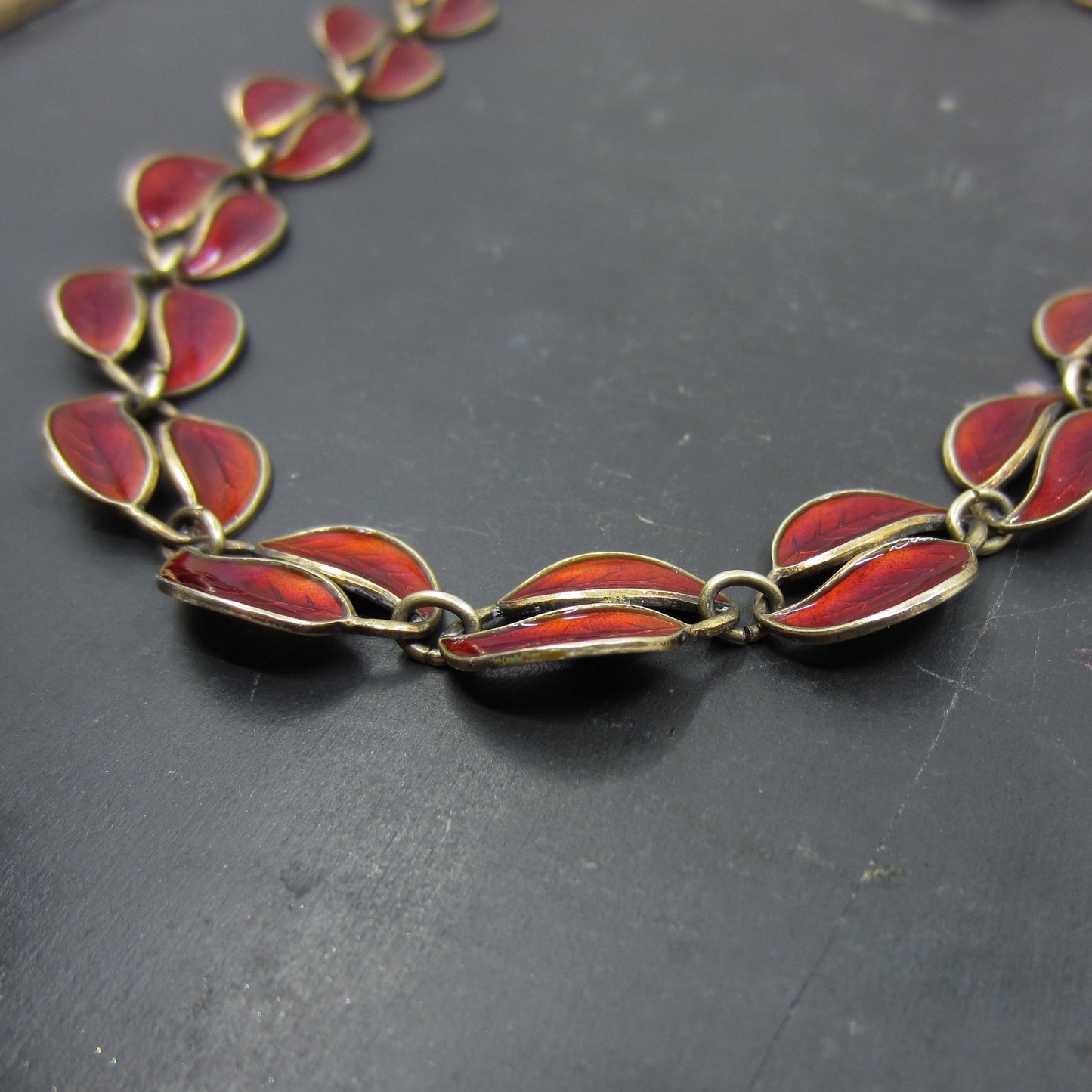 SOLD--Mid-Century David Andersen Red Enamel Necklace Gilt Sterling c. 1950, Norway