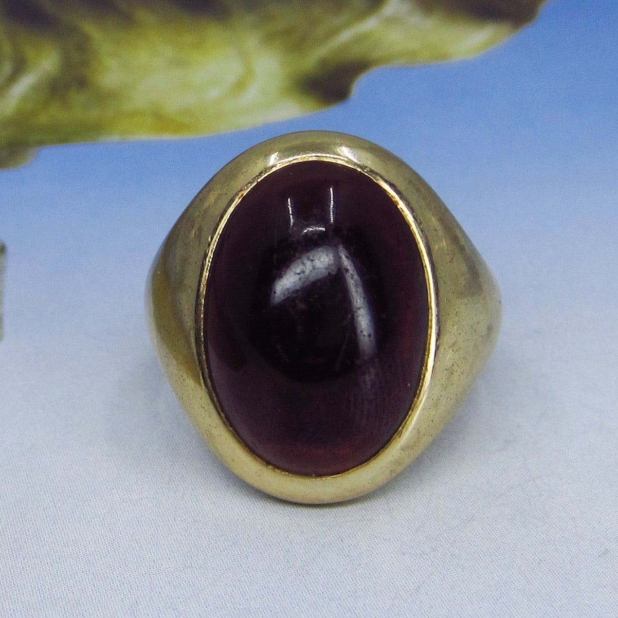 SOLD-Big Men’s Mid-Century Garnet Cabochon Signet ring 14k c. 1960