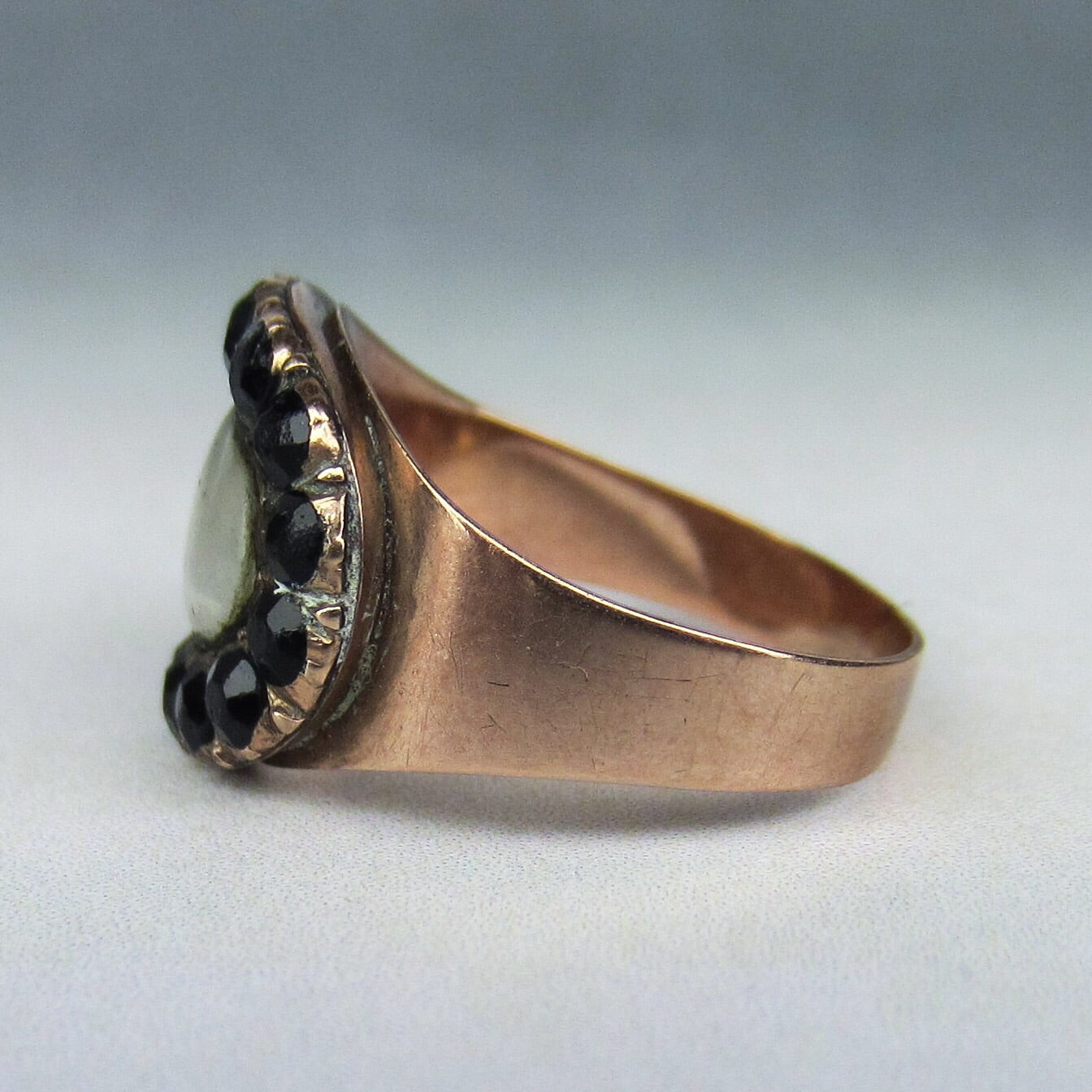 SOLD--Georgian Jet "M" Mourning Ring 12k c. 1808