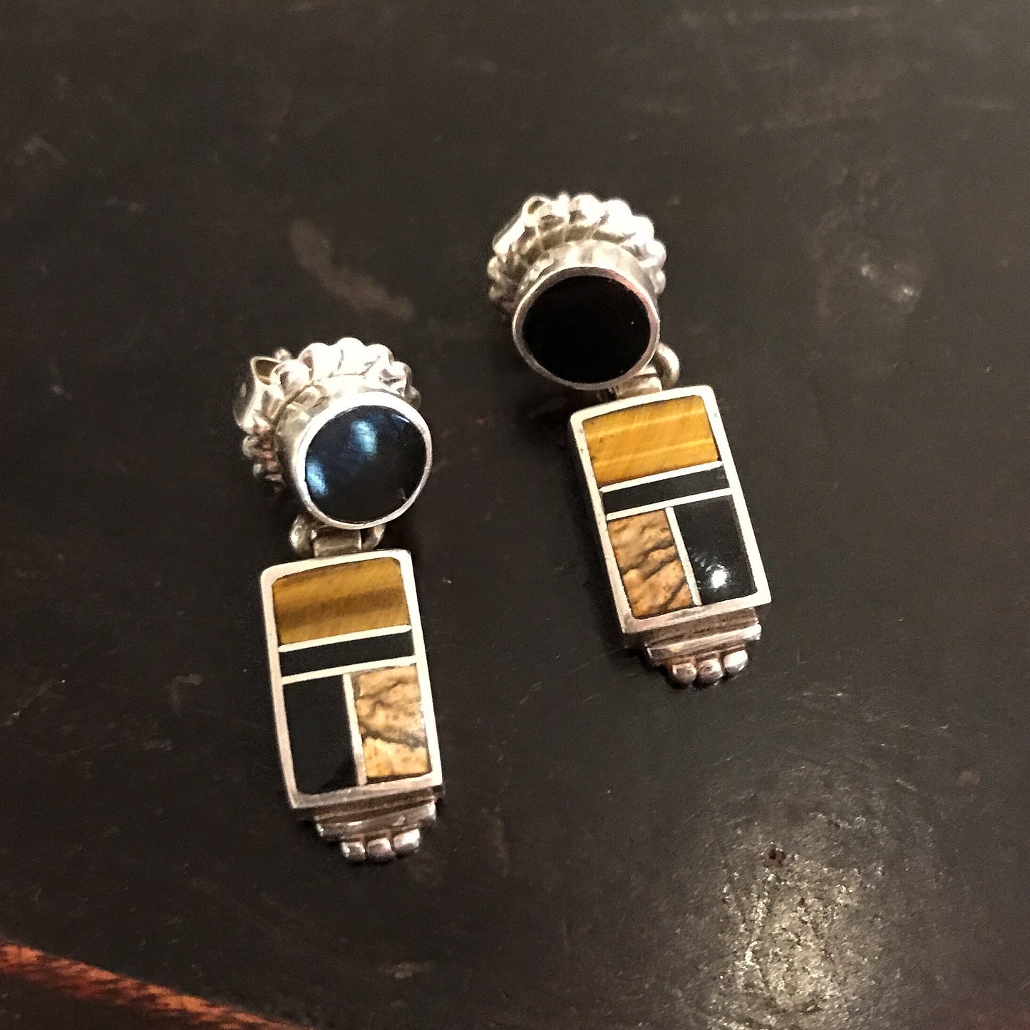 SOLD--Vintage Onyx and Tiger's Eye Inlay Earrings Sterling c. 1990