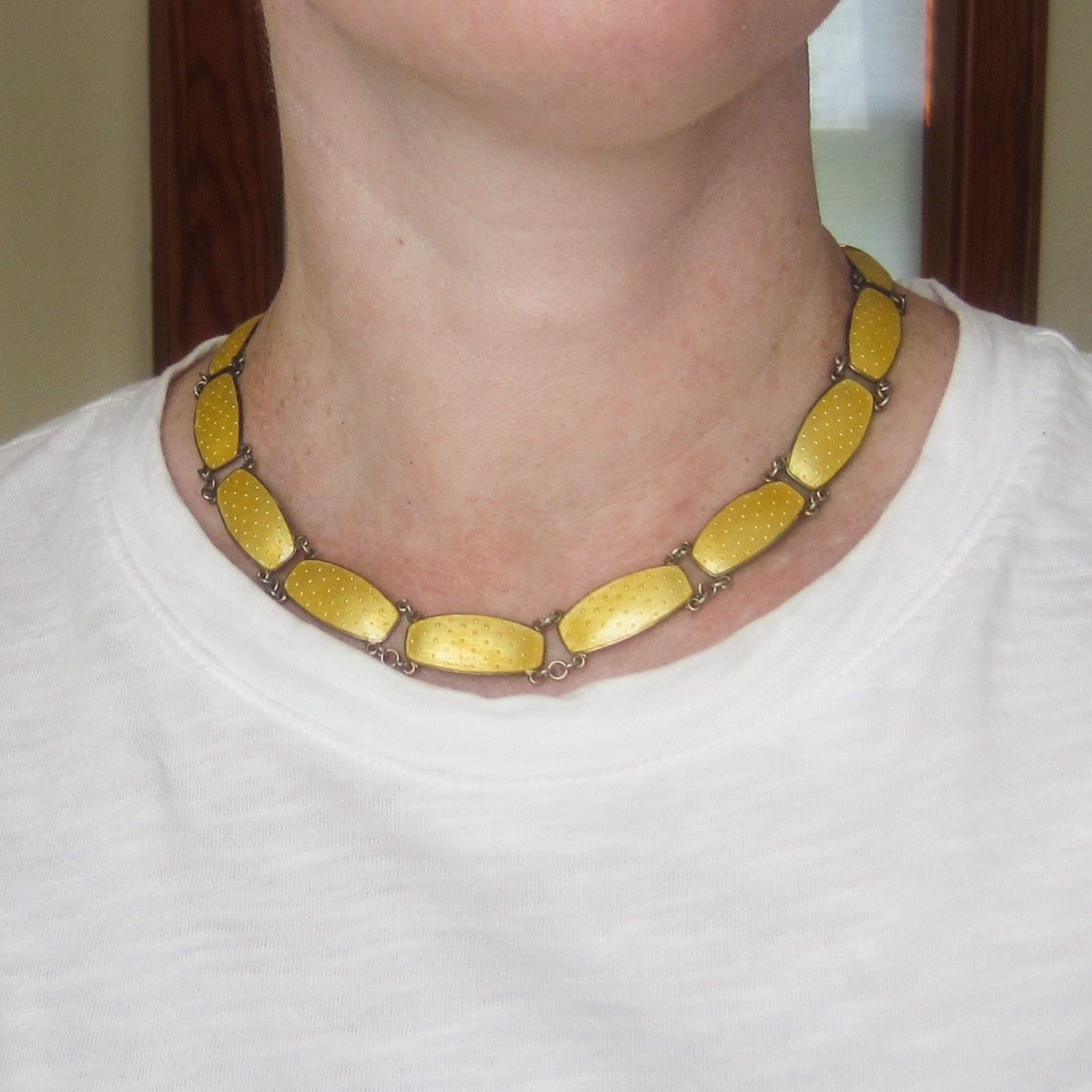 SOLD--Mid-Century Yellow Guilloche Enamel Necklace Sterling, Norway c. 1950