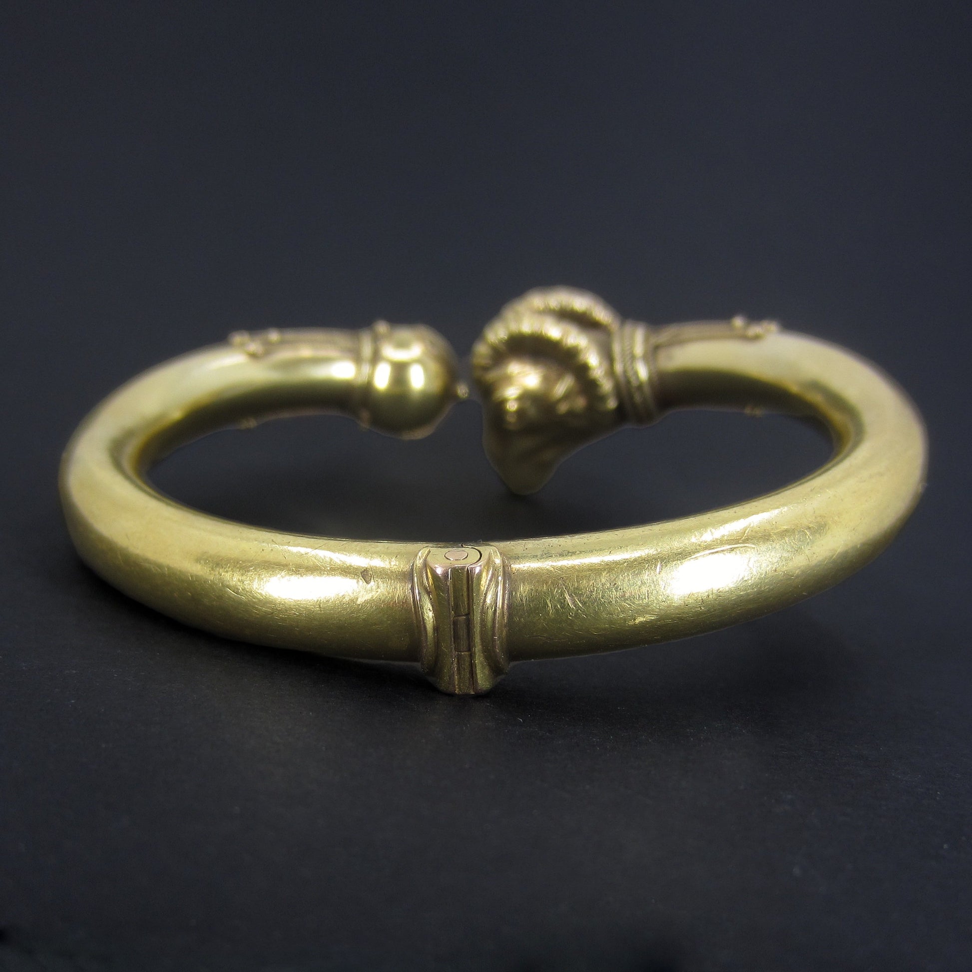 SOLD--Victorian Etruscan Revival Rams Head Hinged Bangle 14k c. 1880 –  Bavier Brook Antique Jewelry
