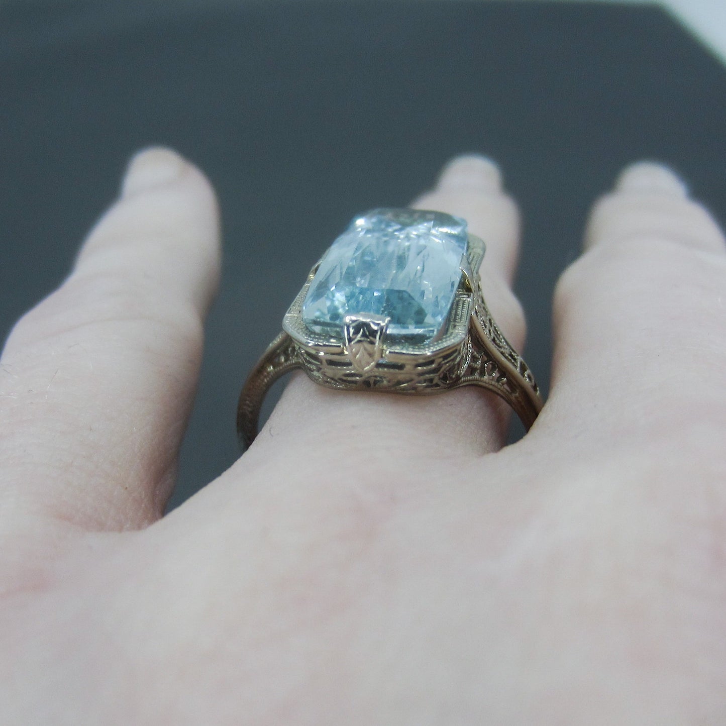 SOLD—Art Deco Aquamarine Filigree Ring 18k c. 1920