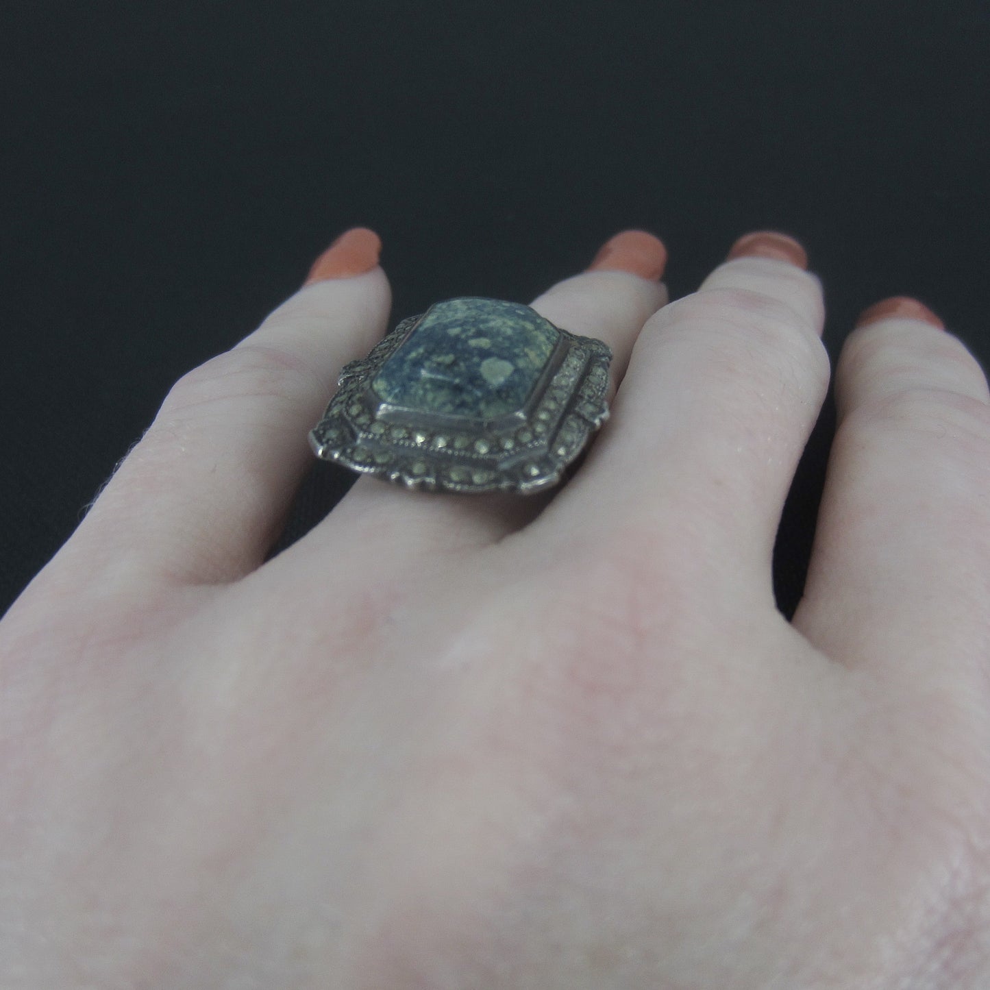 SOLD-Art Deco Blue Jasper and Marcasite Ring Sterling c. 1930