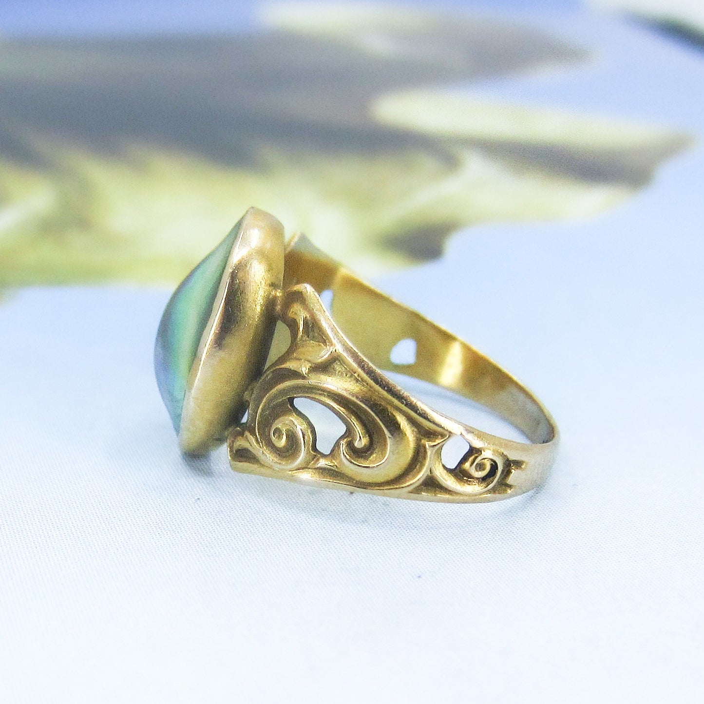 SOLD--Art Nouveau Mother of Pearl Ring 10k c. 1890