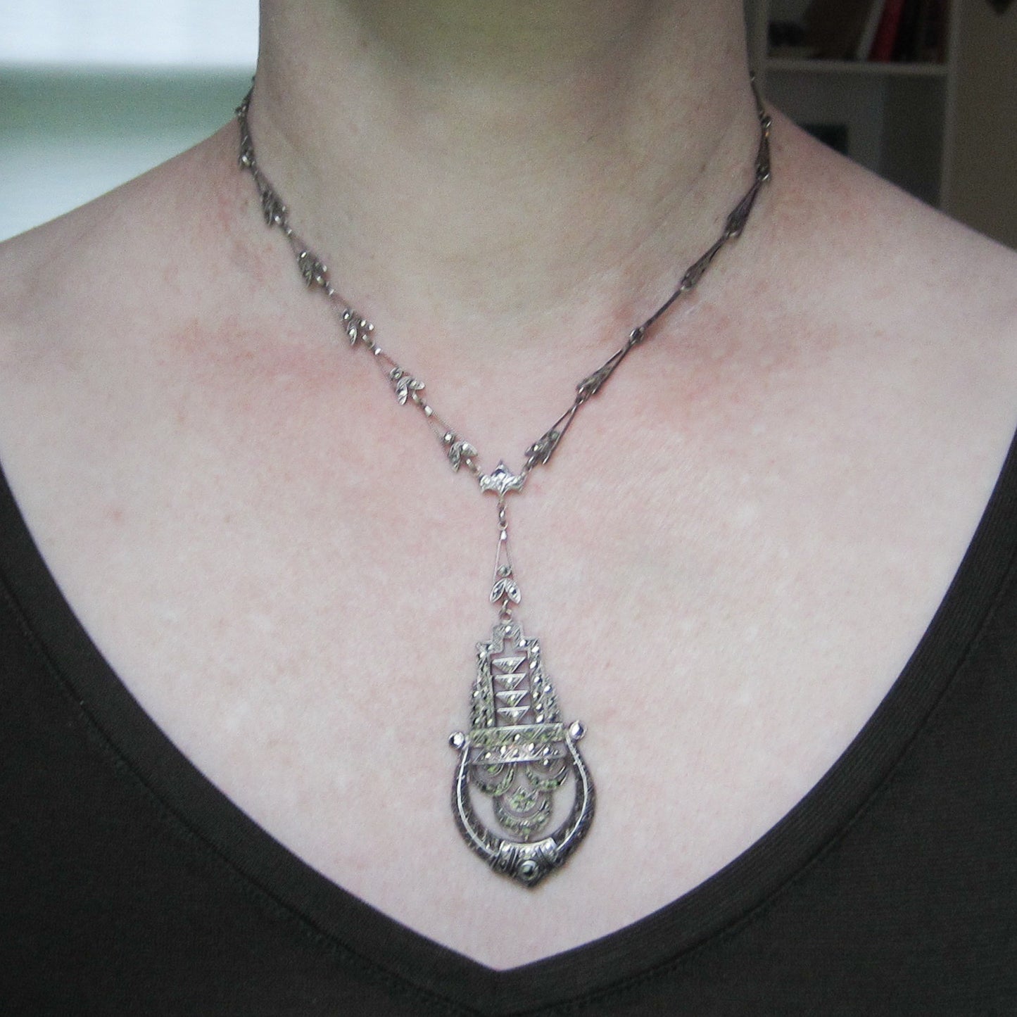 HOLD--Art Deco Marcasite Drop Necklace Sterling Silver c. 1930