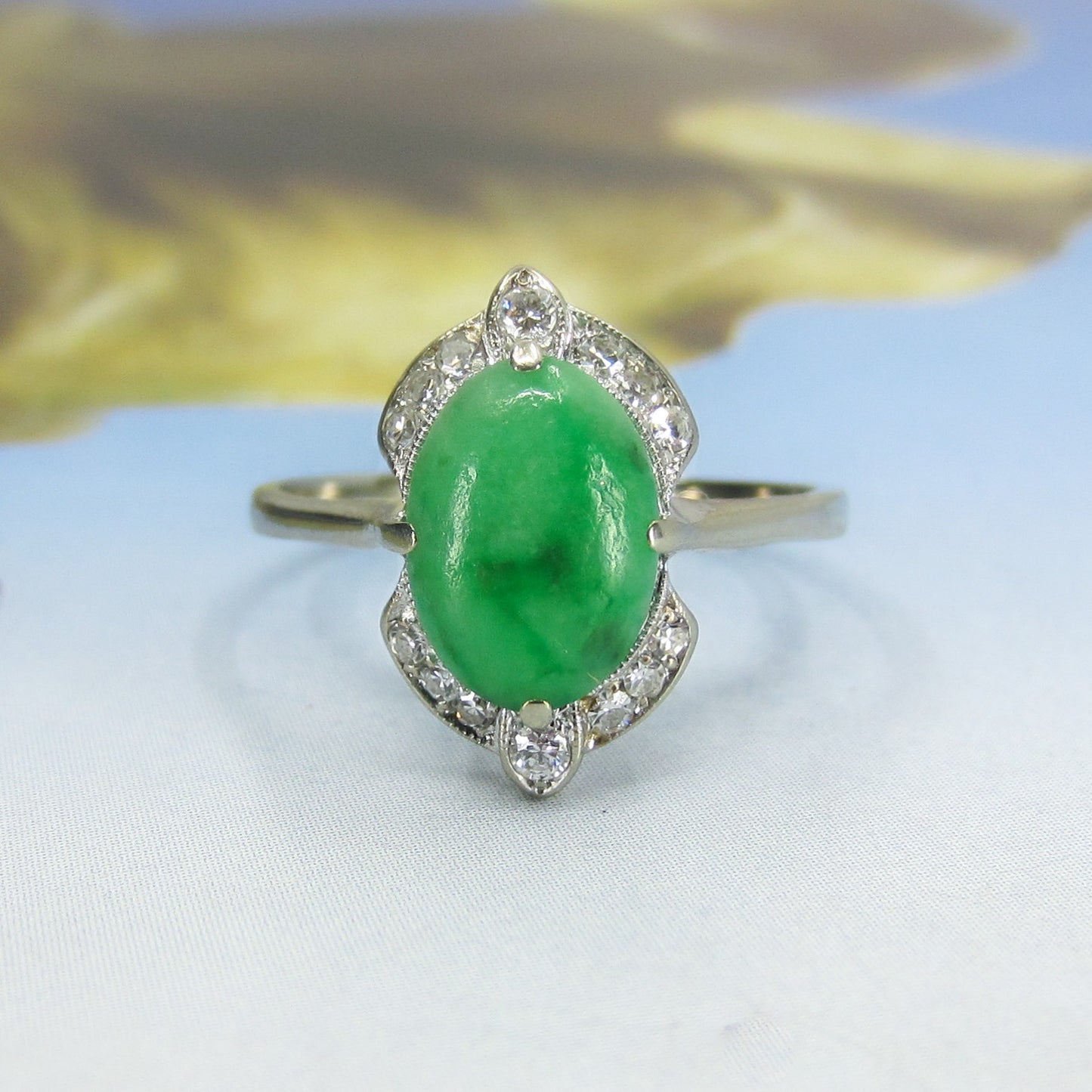 SOLD--Late Art Deco Jade and Diamond Ring 14k c. 1940