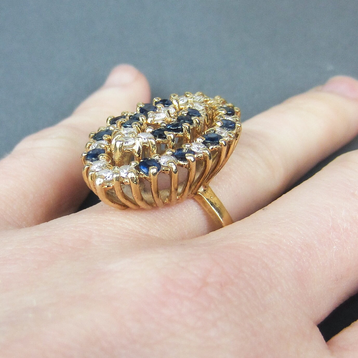 SOLD--GIANT Mid-Century Diamond and Sapphire Navette Cocktail Ring 14k c. 1960