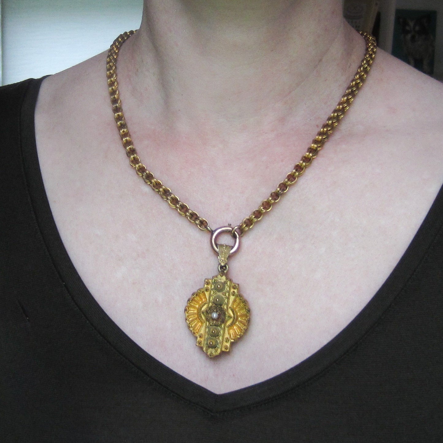 SOLD-Victorian Etruscan Revival Locket and Chain Gold-Filled c. 1880