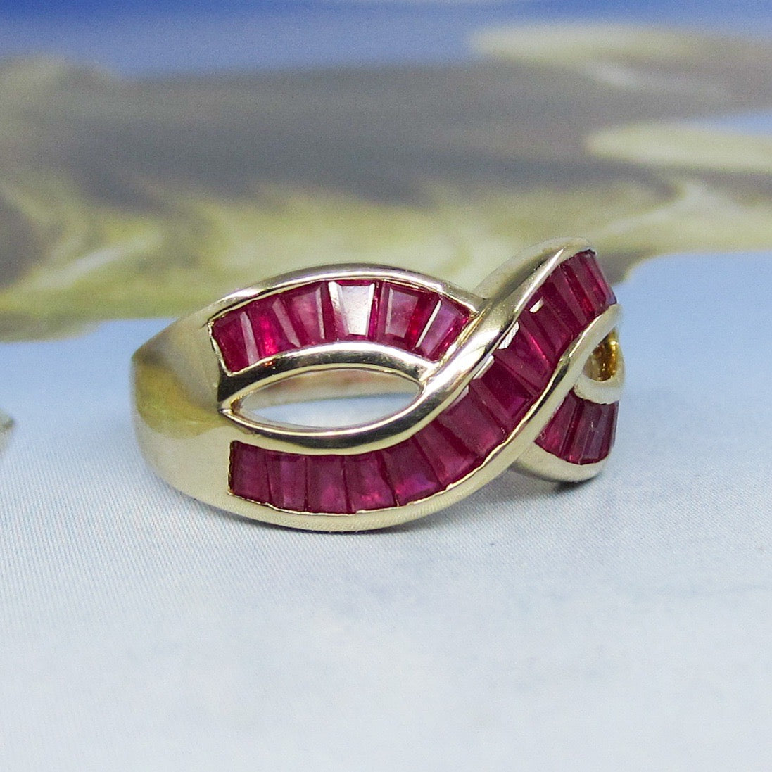 SOLD--Vintage 90’s Ruby Baguette Infinity Ring 14k c. 1995