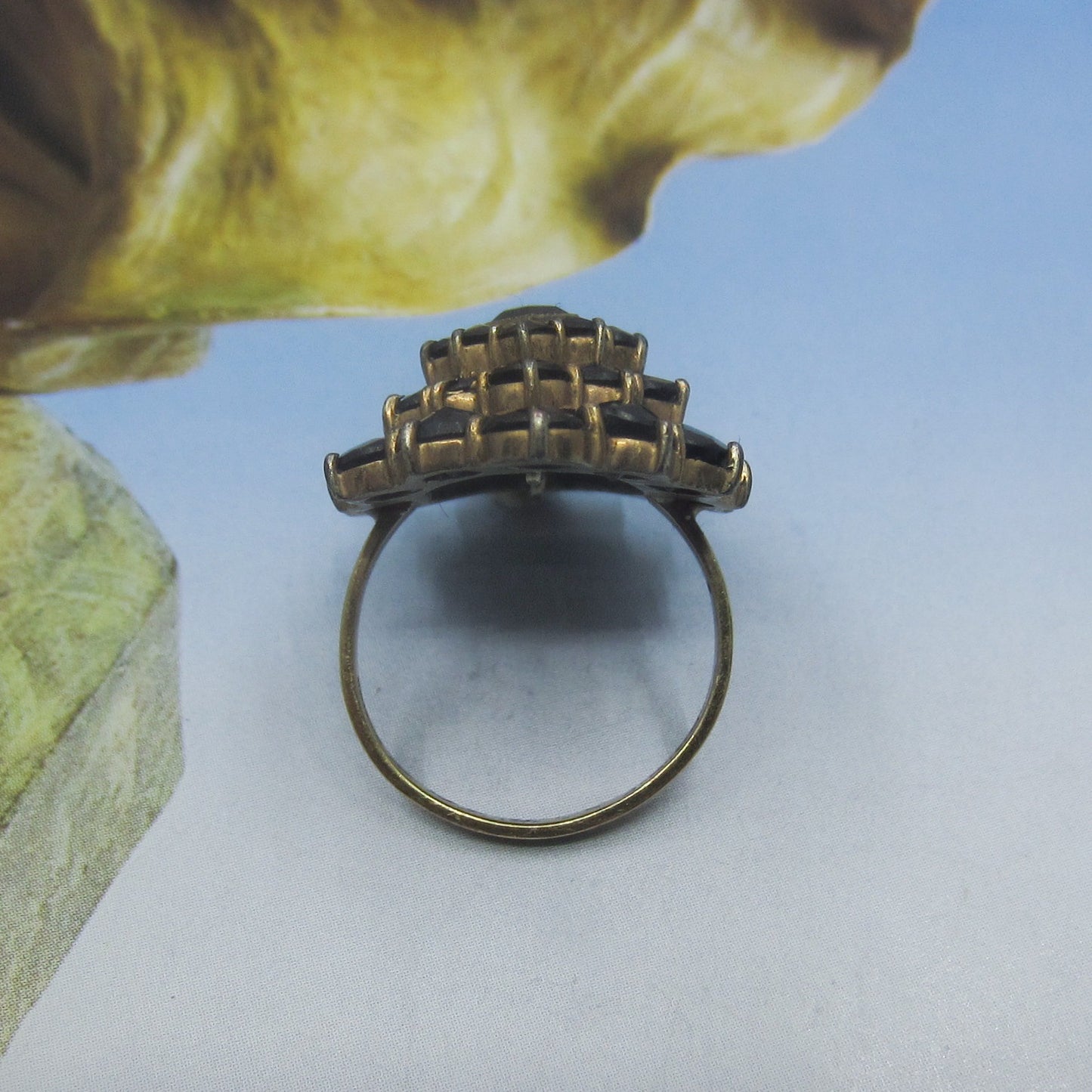 SOLD--Art Deco Huge Bohemian Garnet Cluster Ring Brass/14k c. 1930