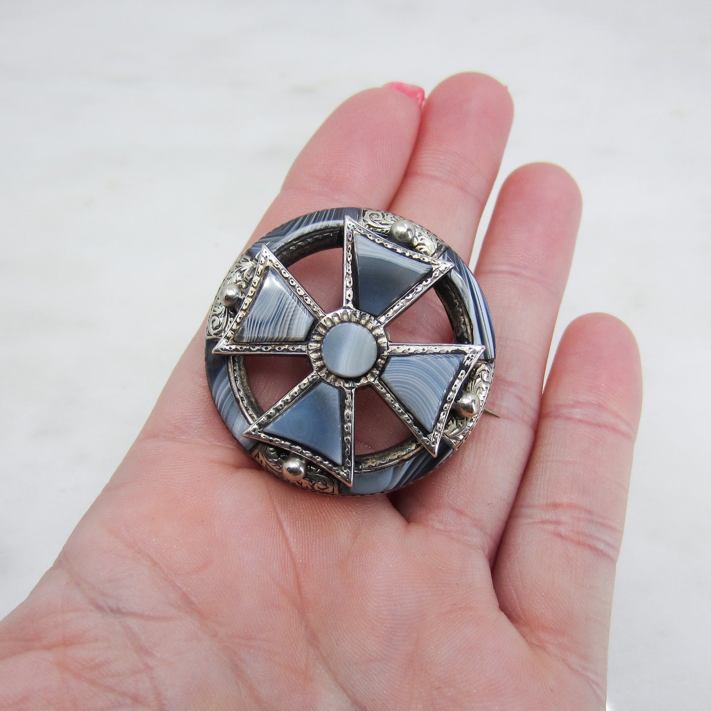 SOLD-Victorian Scottish Blue Agate Maltese Cross Brooch Sterling c. 1880