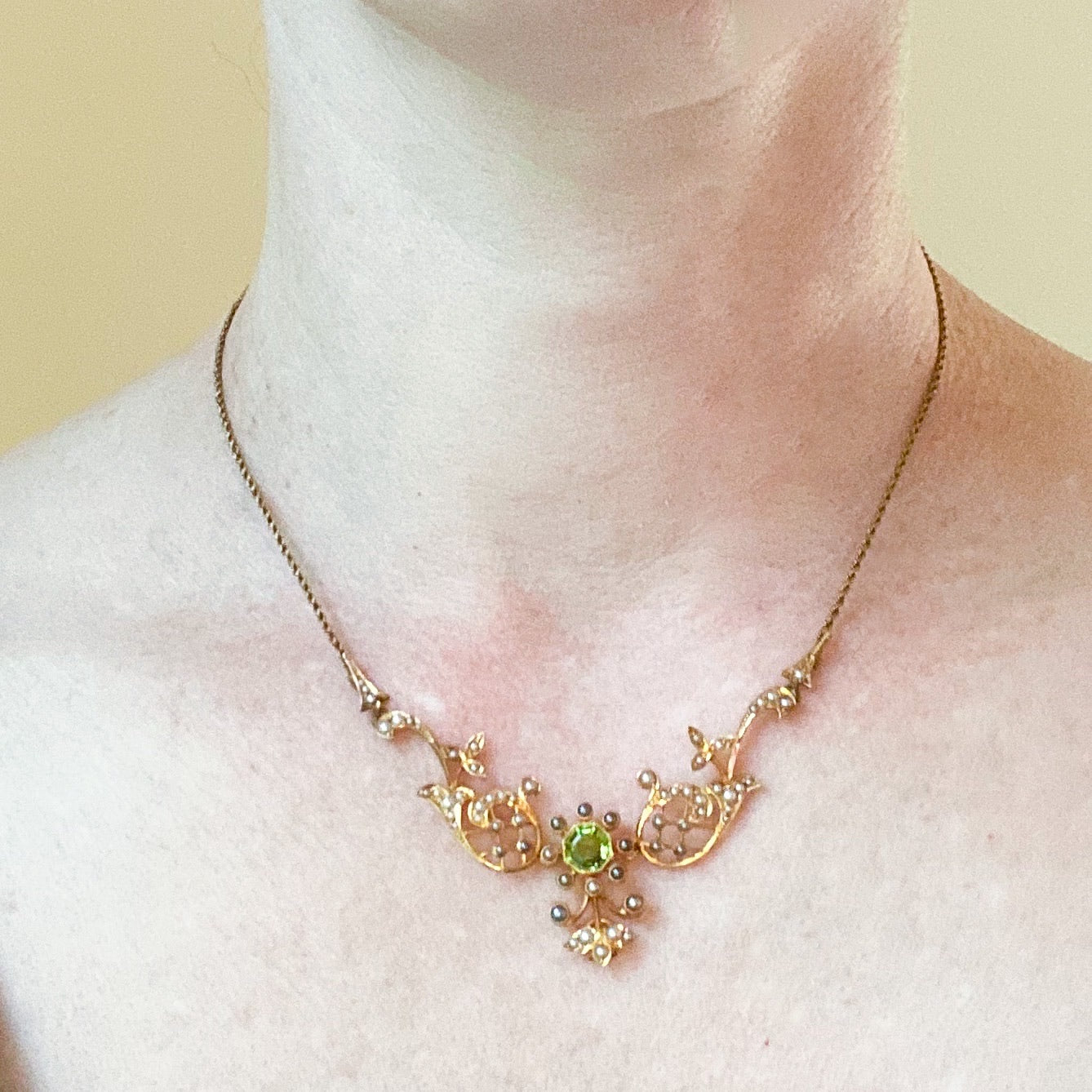 SOLD--Edwardian Peridot and Pearl Necklace 15k, British c. 1900