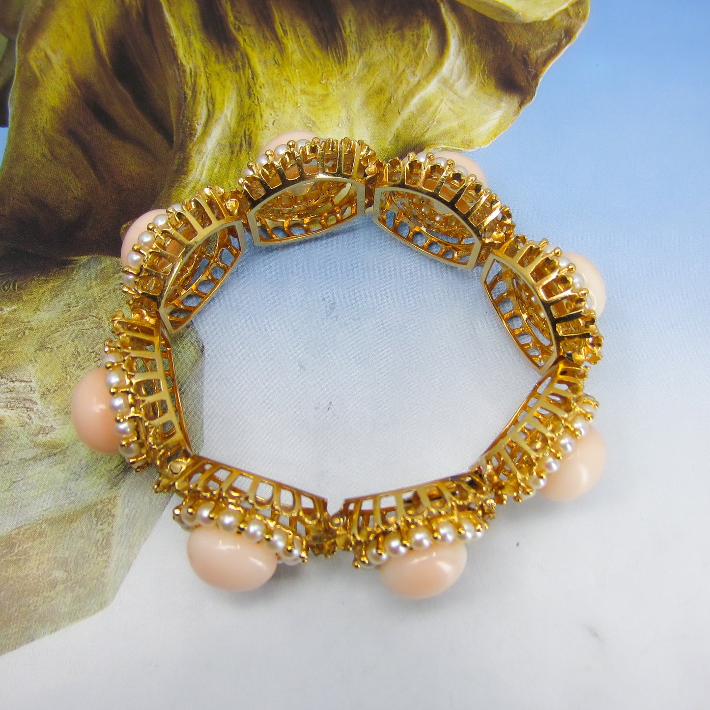 Gorgeous Mid-Century Angel Skin Coral and Pearl Bracelet 18k c. 1960