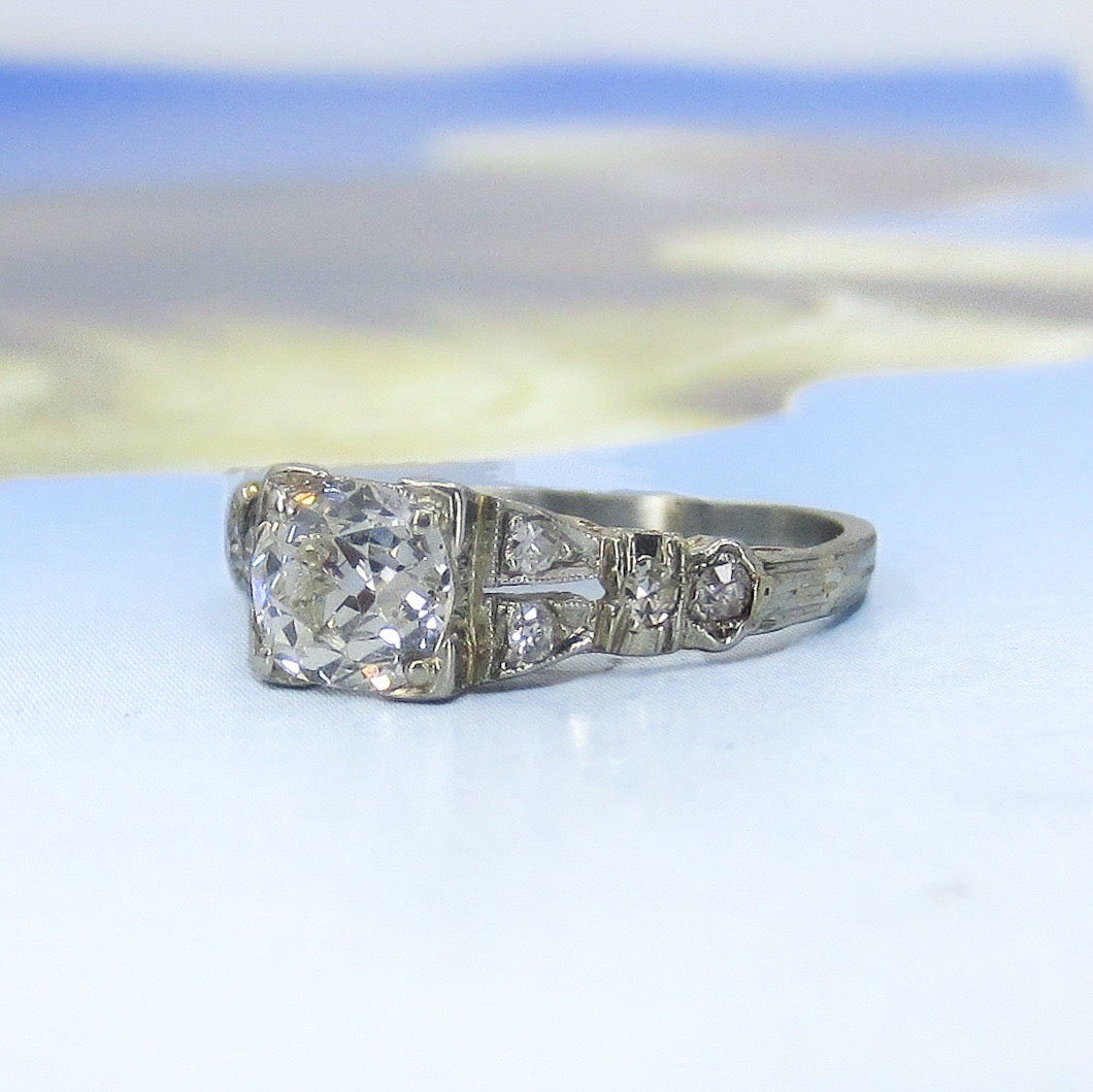 SOLD--Art Deco Old Mine .67ct Diamond Engagement Ring 18k c. 1920