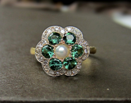 SOLD--Art Deco Tourmaline, Diamond and Pearl Flower Ring Silver/18k c. 1930