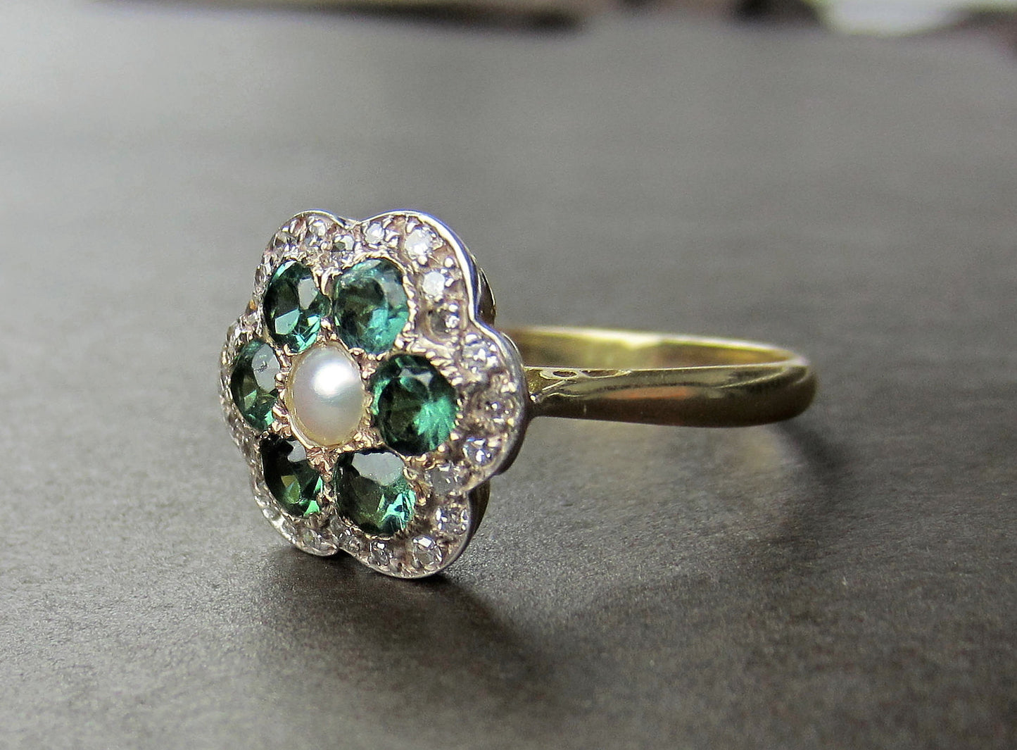 SOLD--Art Deco Tourmaline, Diamond and Pearl Flower Ring Silver/18k c. 1930