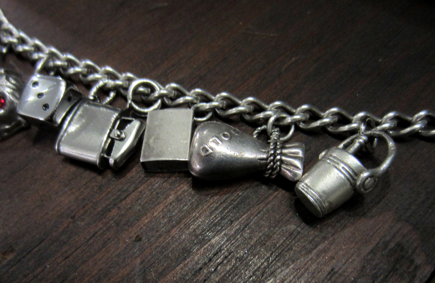 SOLD--Vintage "Vices" Charm Bracelet in Sterling Silver, c. 1920-1950