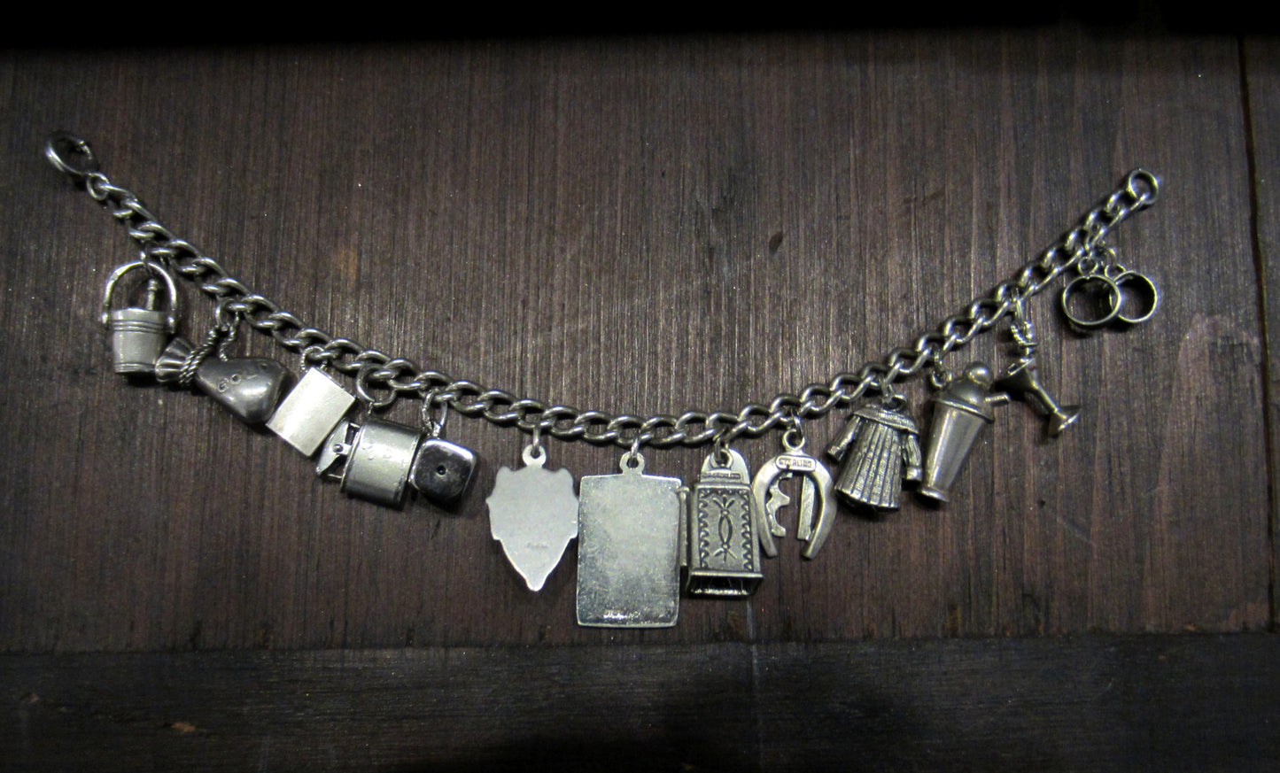 SOLD--Vintage "Vices" Charm Bracelet in Sterling Silver, c. 1920-1950